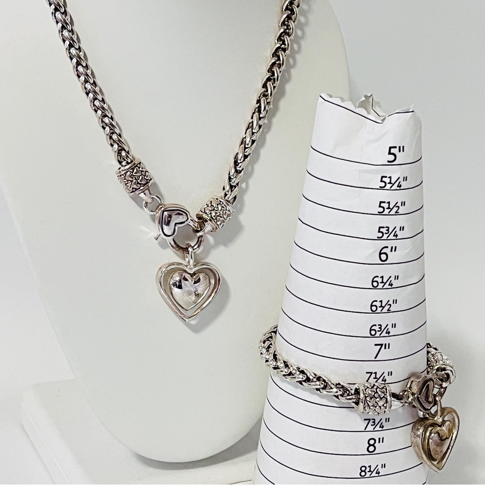 Silver Heart Charm Necklace and Bracelet Set Rolled Chain Toggle Closure